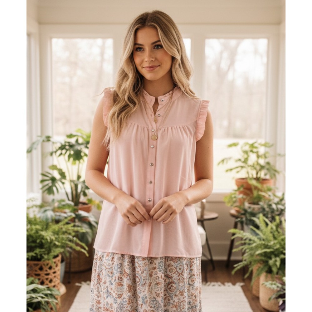 Lily Star Top Pink Sheer Ruffle Sleeveless Button Coquette Boho Twee Size‎ L